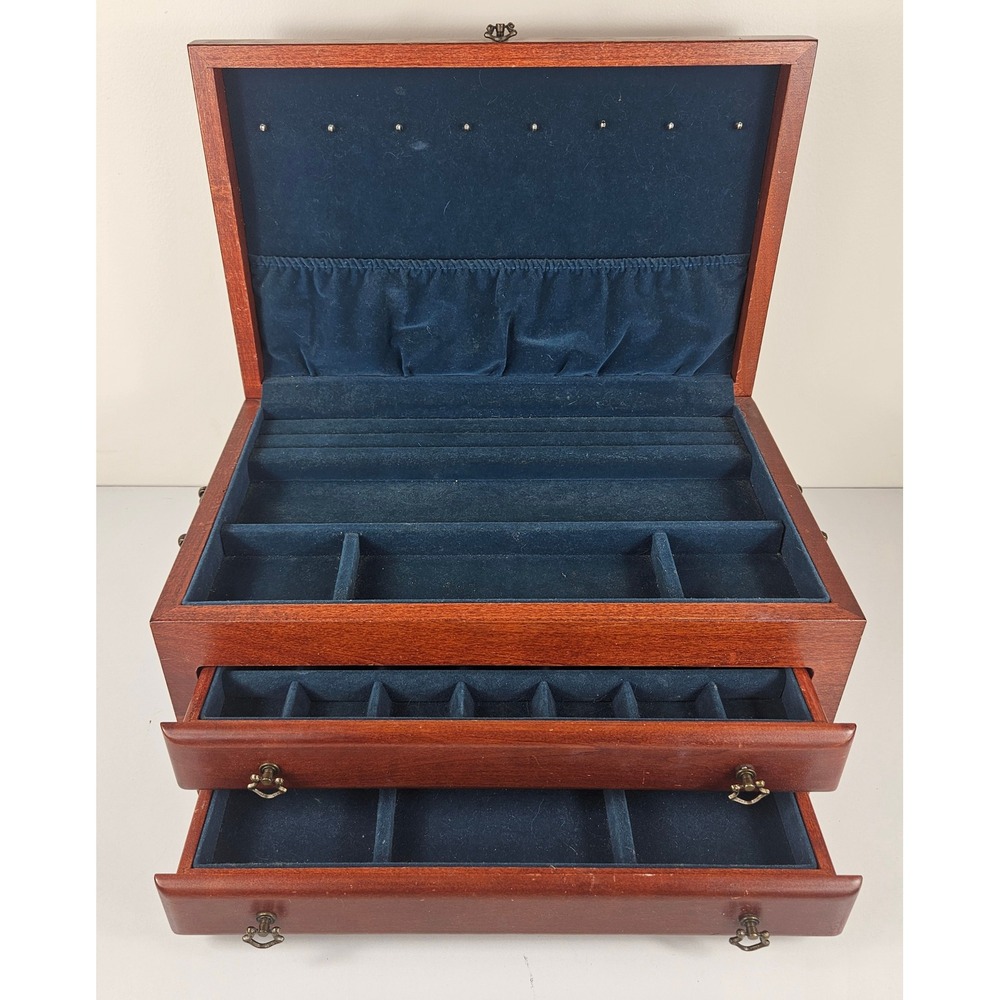 Eureka Reed & Barton Vintage Wooden Jewelry Box Chest Mahogany Finish Navy Liner